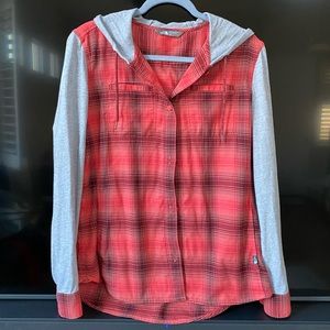 The North Face Woman’s Hooded Long Sleeve Button Down Shirt Red Gray, Size M